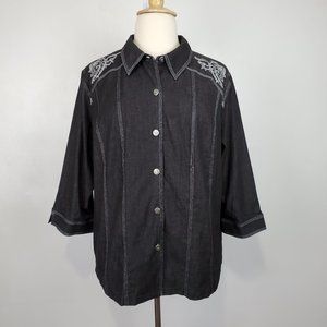 Susan Graver Black Silver Chambray Button Up Western Top NEW NWT Size 2X